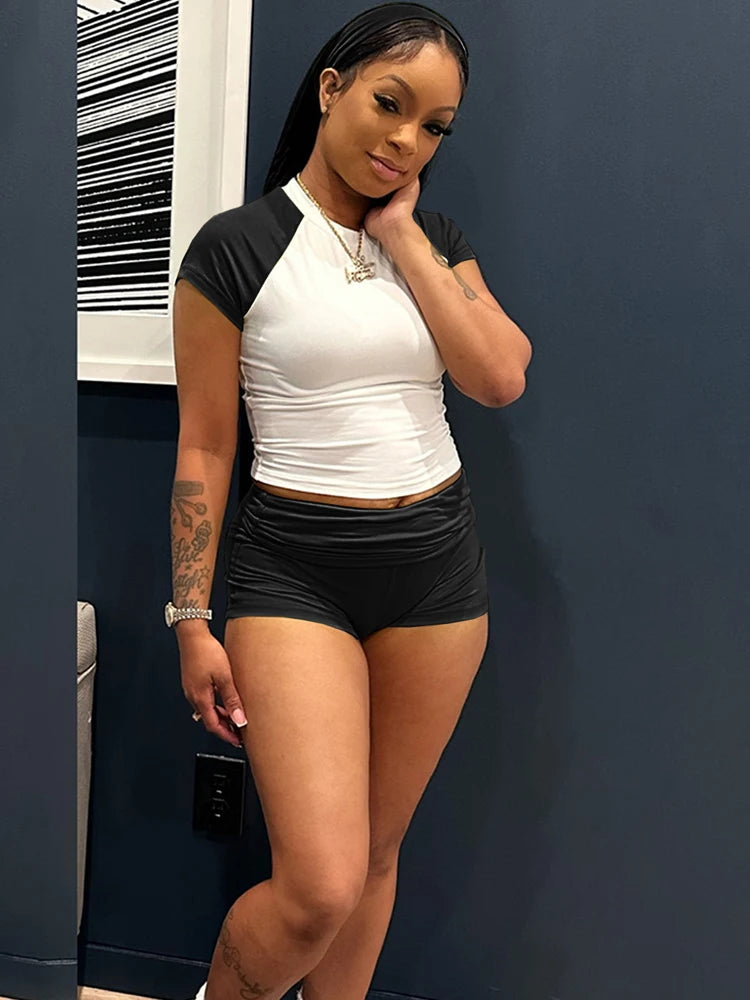 Kricesseen Color Block Crop Top And Matching Shorts Set 2 Piece Outfits Sporty Knitted Active Set Night Club Outfits