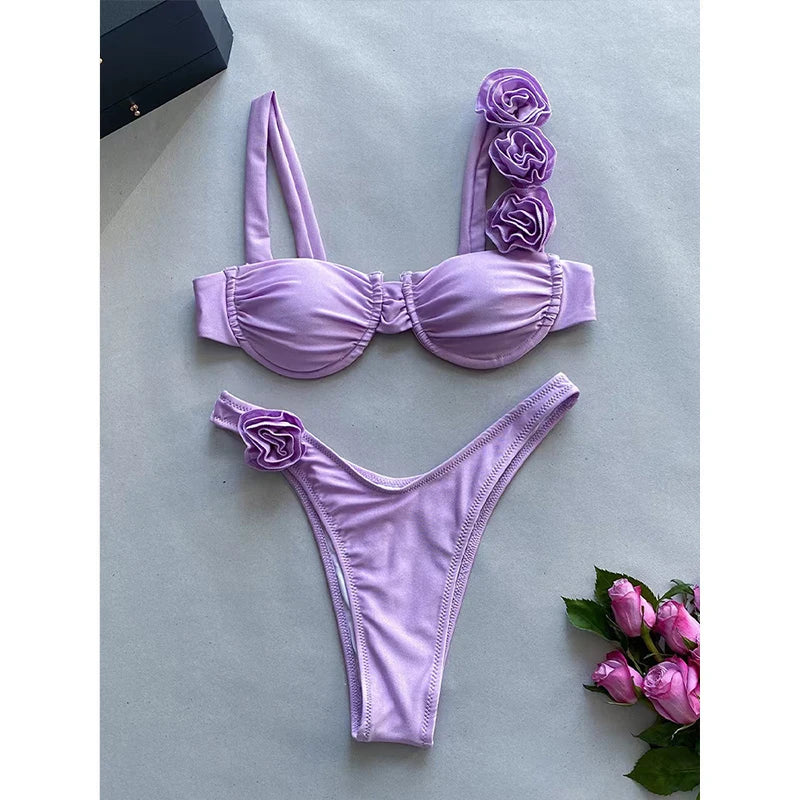 Sexy Solid Backless Floral Bikini Set Women Split Swimsuit High Waist Beach Bikini 2025 New Summer Swimwea Bikinis Set