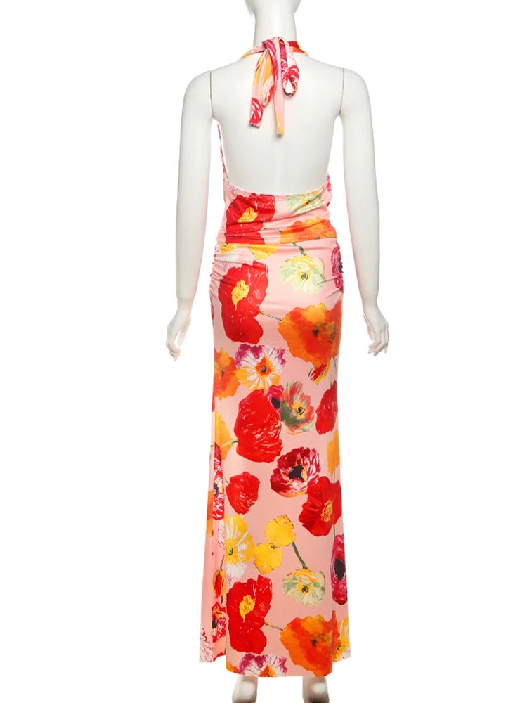 Weird Puss Floral Print 2 Piece Set Women Halter Low-Neck Backless Crop Tops+Skinny Splits Long Skirts Vacation Beach Style Suit