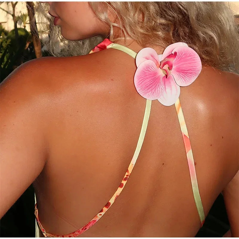 Backless Satin Short Dress Women Sexy 3D Flower Print Lace Up Sleeveless Halter Dresses 2025 Summer Beach Vacation Lady Vestisos