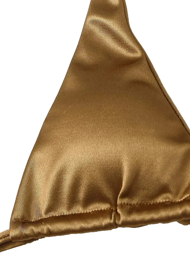 Halter Brazilian Metallic Satin Bikini Swimwear, Swimsuit Two-pieces Bikini Set High Cut Bathing Suit Swim Beachwear