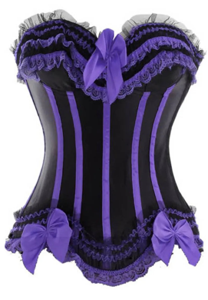 Sapubonva Lace up corsets bustiers top sexy satin overbust corset striped ladies satin halloween big size red black pink korsett