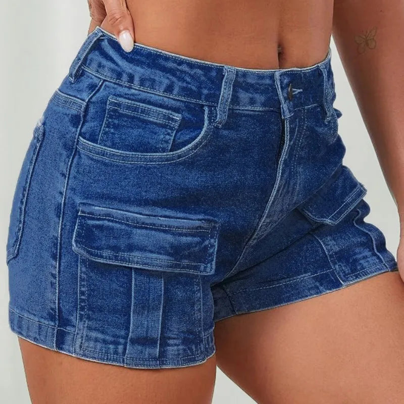 Ladies jeans Shorts High Waisted Blue Cargo Style Shorts Trendy Summer short jeans pants, Popular Choice