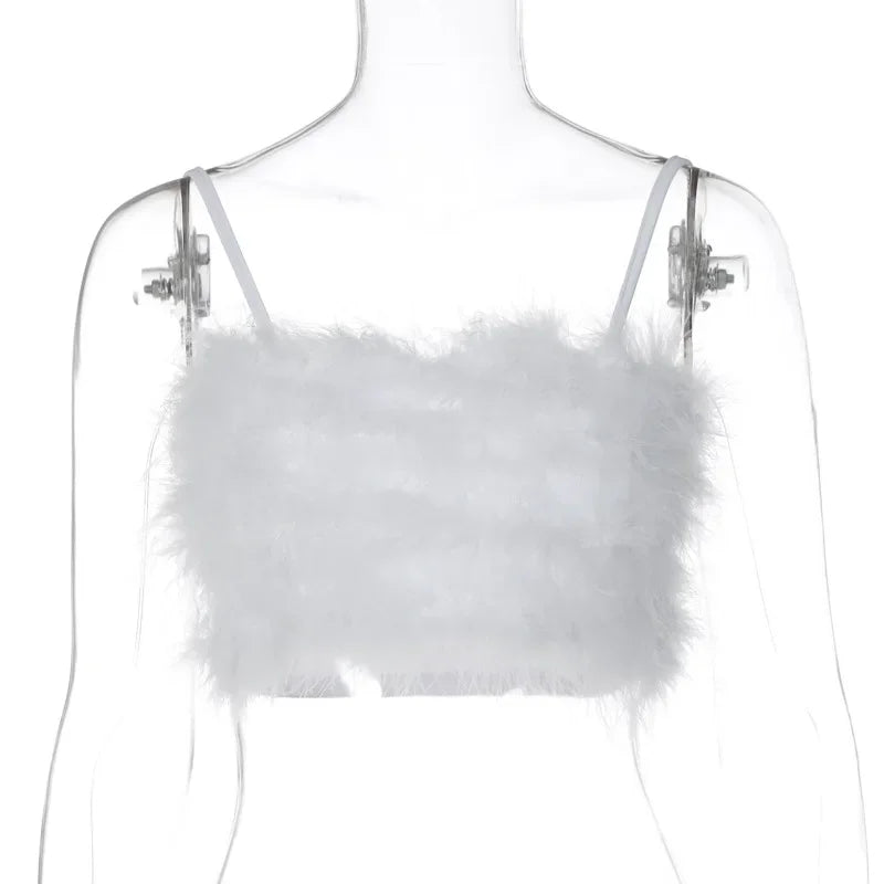 HLJ&GG Sweet Fur Tank Top Fashion Two Piece Set For Women Thin Strap Sleeveless Backless Slim Vest And Mini Puffy Skirt Outfits