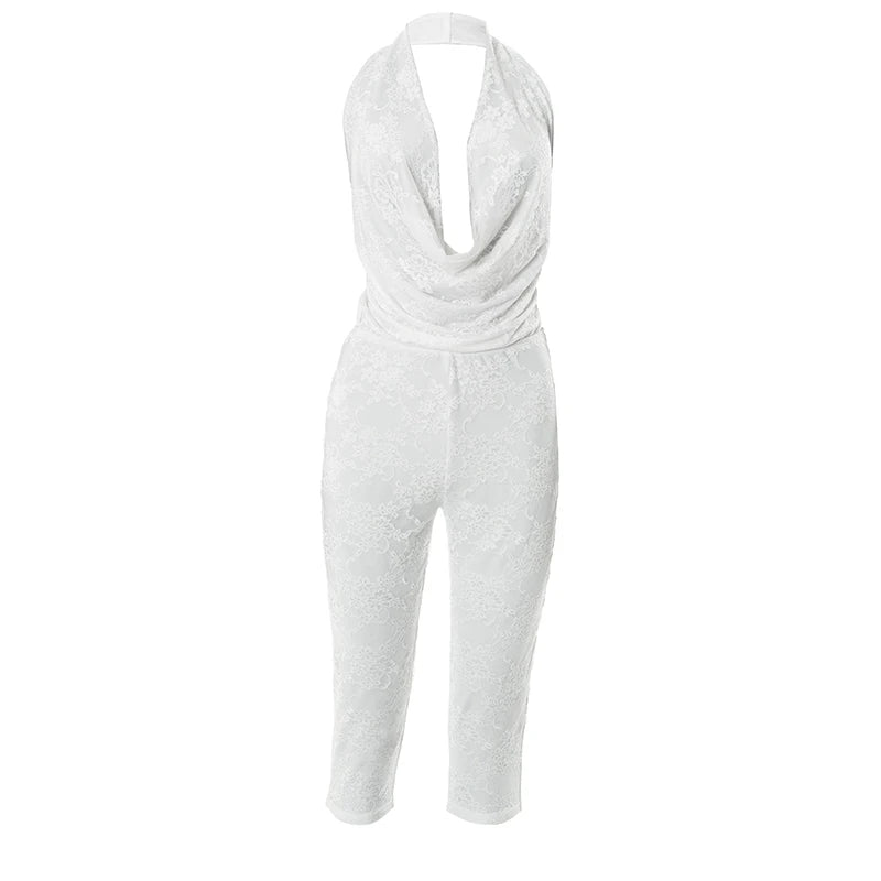CUTENOVA Women'S Sexy Solid Color Lace Patchwork Swing Collar Hanging Neck Big Backless Skinny Jumpsuit Summer Elegant Jumpsuit
