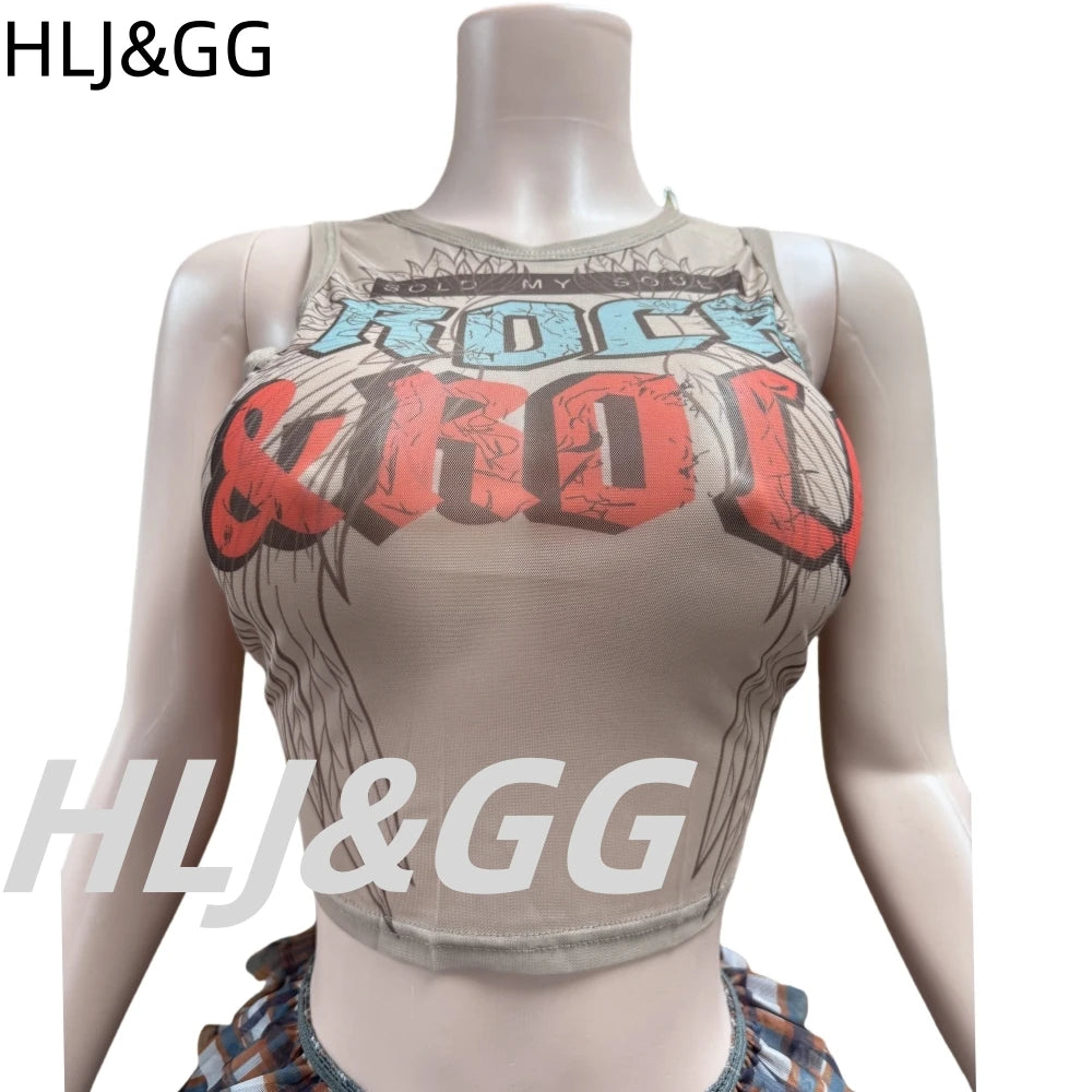 HLJ&GG Summer New Letter Y2K Streetwear Women V Neck Short Sleeve Slim Crop Top And Ruffle Plaid Shorts Two Piece Sets Outfits