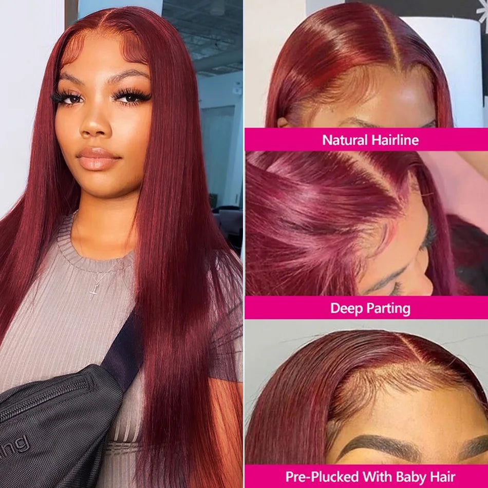 99J Burgundy 13x6 Colored HD Lace Front Wig Human Hair Wigs PrePlucked Premium Red Peruvian Straight Lace Frontal Human Hair Wig