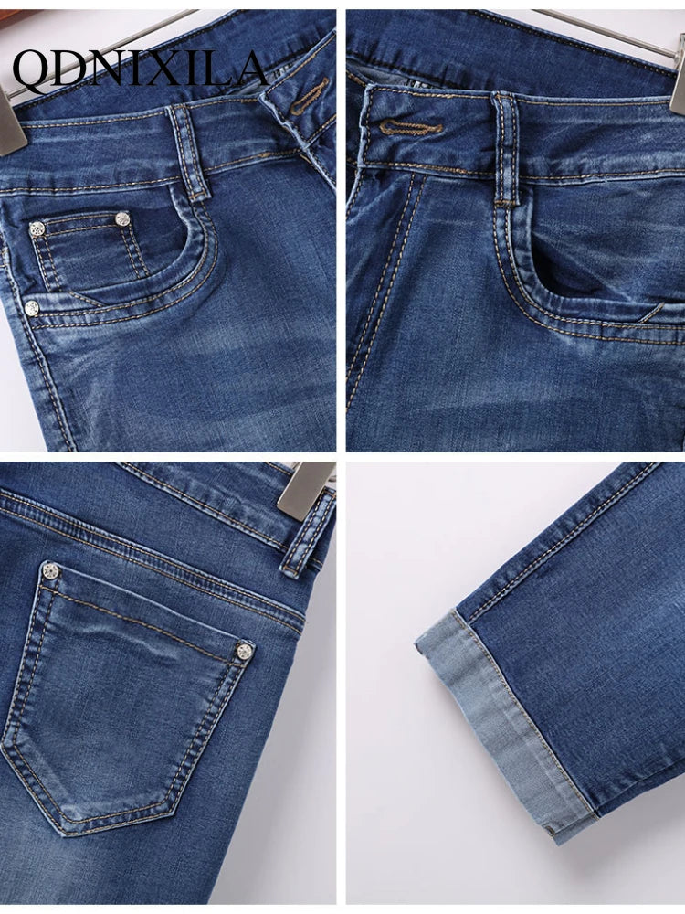 Ladies Jeans Pants Ladies Cropped Trousers Skinny Knee Length Jeans female Elastic High Waist Mom Jeans Oversize