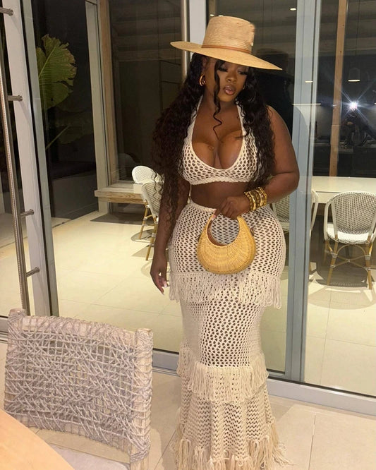 STYLISH LADY Tassel Crochet 2 Piece Set Women Halter Backless Crop Top and Maxi Skirts Suits 2025 Summer Sexy Beach Outfits