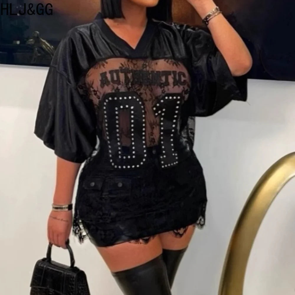 HLJ&GG Y2K Fashion Lace Splicing Letter Two Piece Sets Women V Neck Short Sleeve Loose Top+Mini Ruffle Skirts Outfits Streetwear