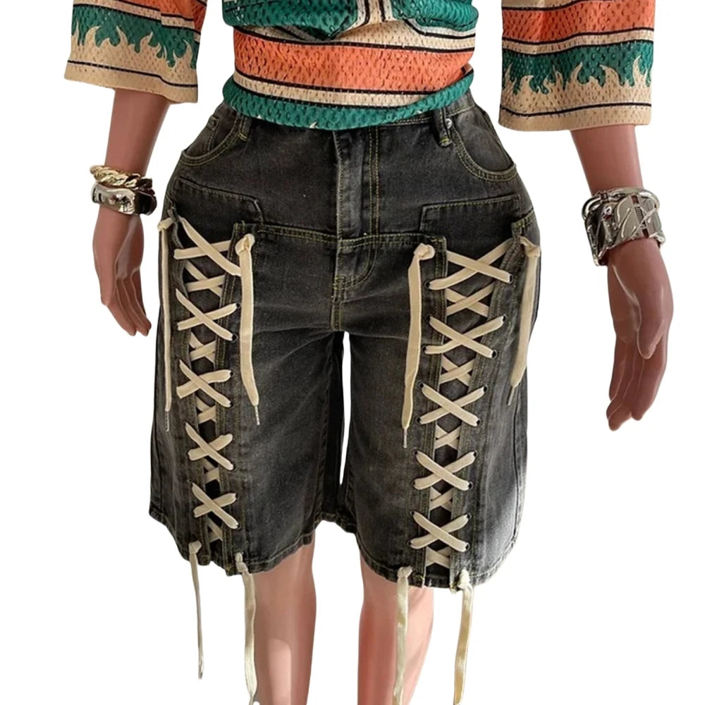 HLJ&GG American Vintage Fashion Bandage Straight Jean Shorts Women High Waisted Button Loose jeans Shorts Female Cowboy Bottom