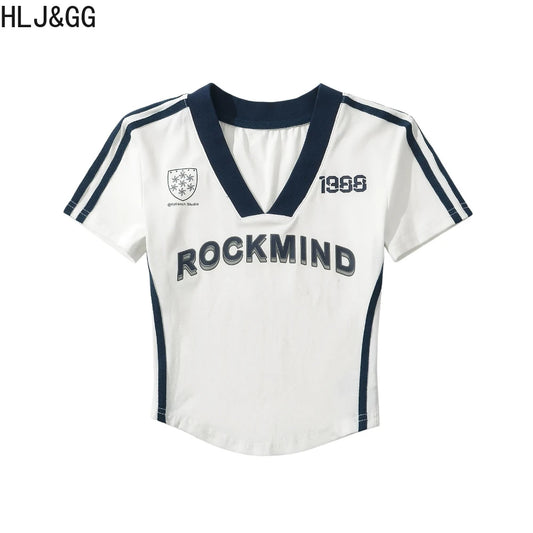 HLJ&GG Y2K American Vintage Letter Print Two Piece Sets Women V Neck Short Sleeve Slim Crop Top And Tassels Skinny Pants Outfits