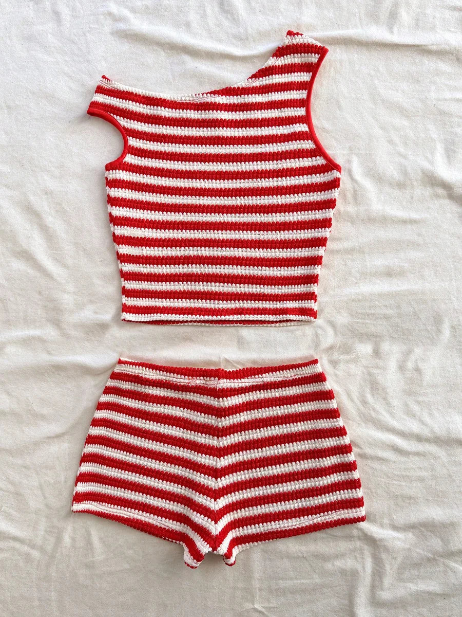 HLJ&GG Red Stripe Knitting Y2K Fashion Streetwear Women O Neck Sleeveless Slim Crop Top And Shorts Two Piece Sets Outfits 2025