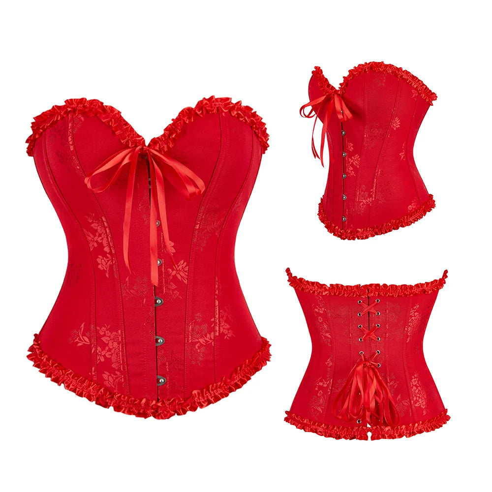 Women Floral Overbust Corset Waist Bustier Top Black White Red Blue Korset Shaper