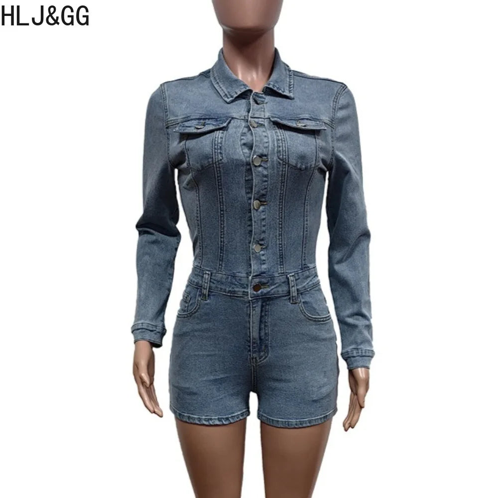 HLJ&GG Blue Fashion Pocket jeans Bodycon Rompers Women V Neck Long Sleeve Slim Cowboy One Piece Jumpsuits Sexy Female Overalls