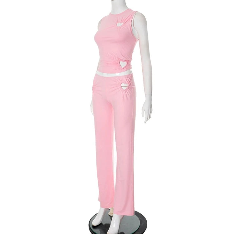 STYLISH LADY Cut Out Heart Fitness 2 Piece Set Women Sleeveless Crop Top and Skinny Pant Suits 2025 Summer Hot Girl Tracksuits