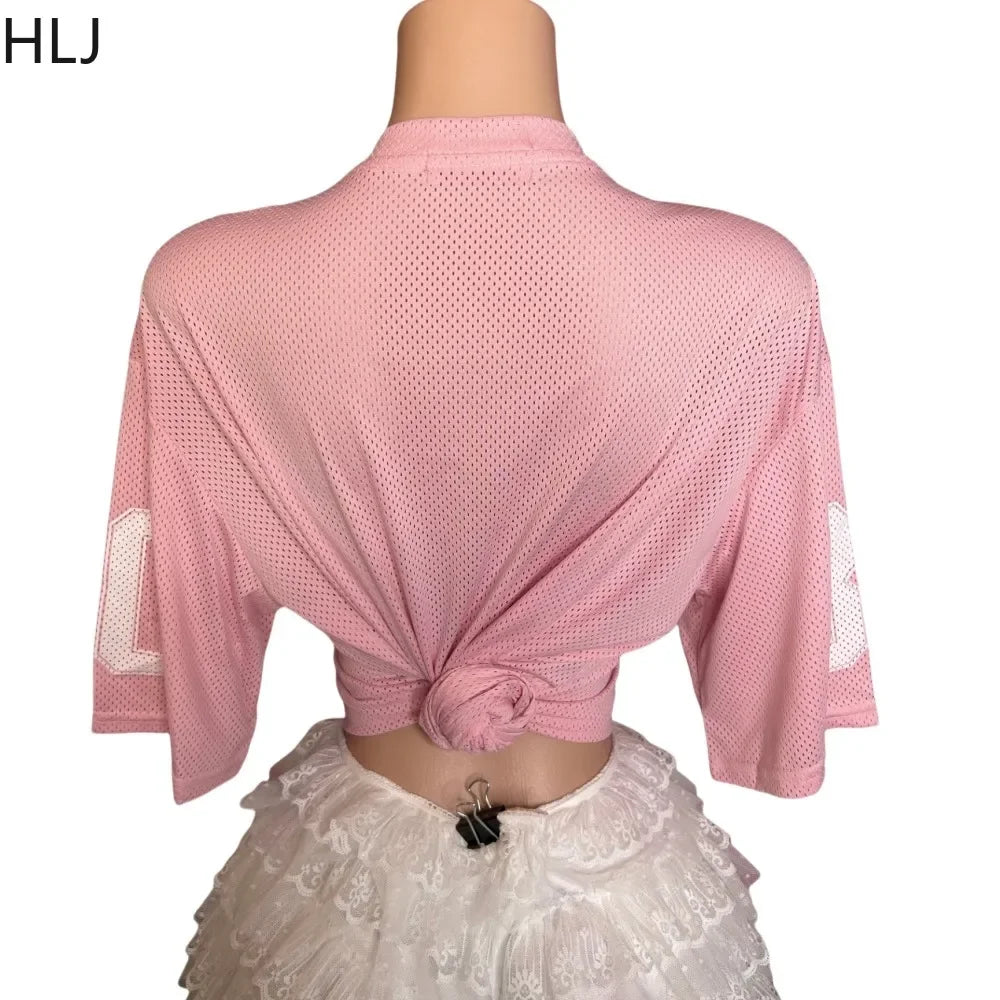 HLJ&GG Fashion Letter Print Loose Tshirts Two Piece Sets Women V Neck Top And Mesh Stacked Shorts Outfit Female Streetwear 2024