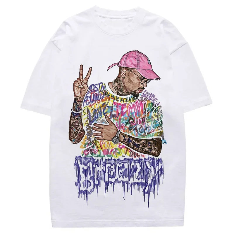 HLJ&GG Y2K Retro Avatar Pattern Printing Two Piece Sets Women O Neck Loose Tshirts+Drawstring Leather Shorts Outfits Streetwear