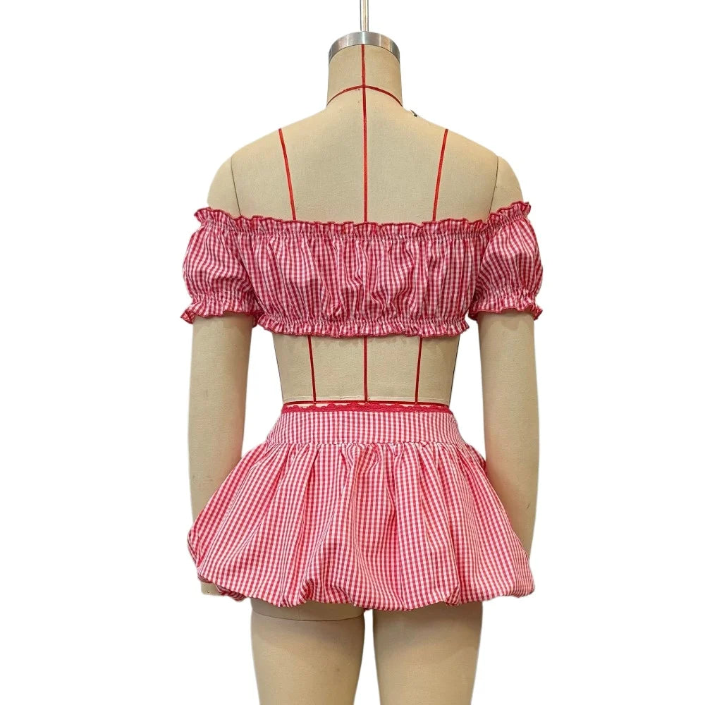 HLJ&GG Red Fashion Plaid Print Bow Two Piece Sets Women Off Shoulder Short Sleeve Crop Top+Mini Skirts Outfits Sweet Streetwear