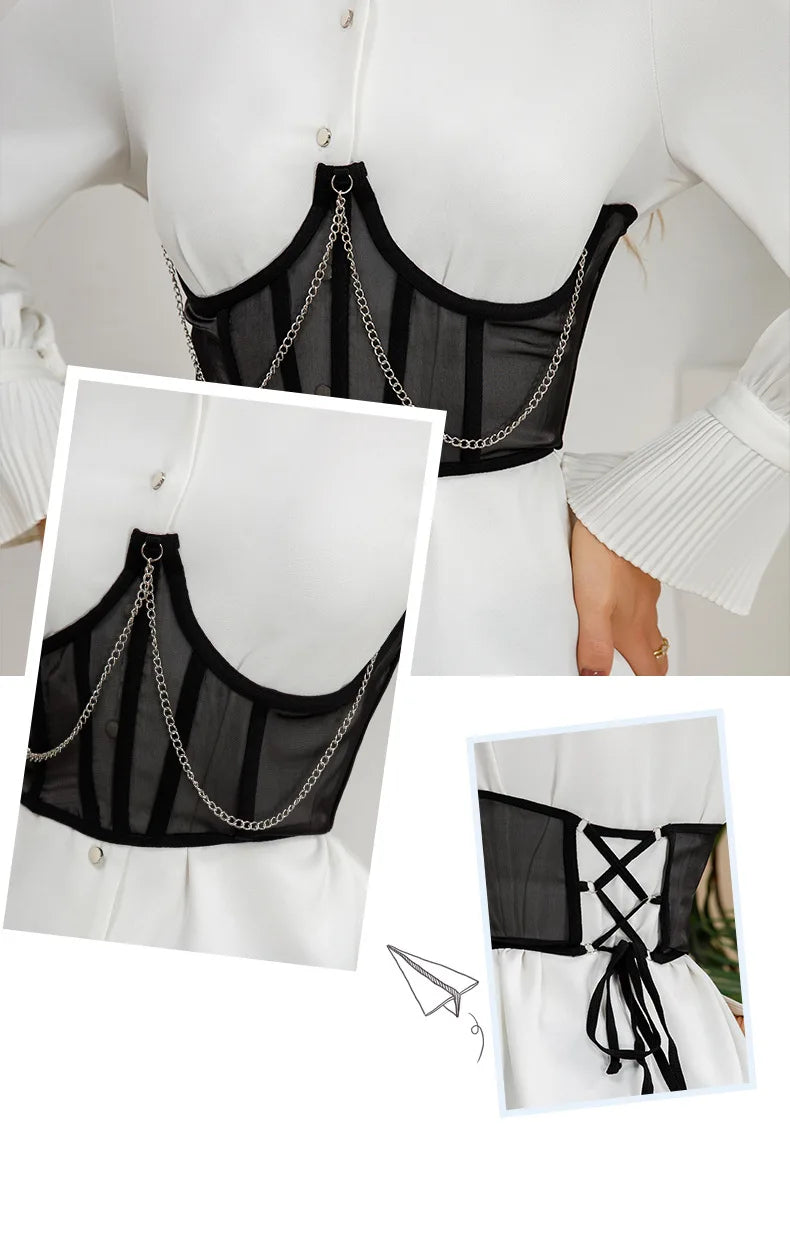 Sexy Corset Underbust Punk Metal Chain Black Women Top Curve Shaper Strap Slimming High Waist Belt Lace Green Corset