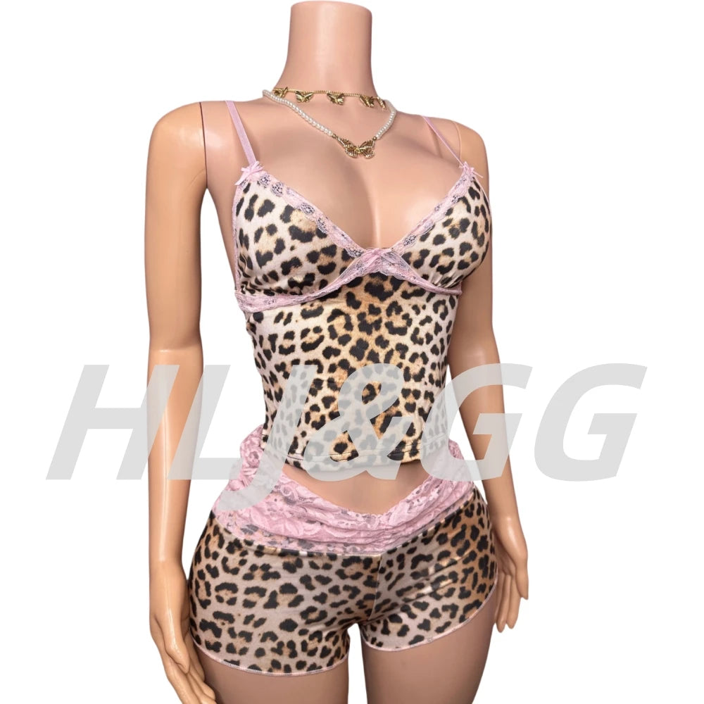 HLJ&GG Fashion Leopard Lace Stitching Two Piece Sets Women V Neck Spaghetti Strap Slim Crop Top + Shorts Outfits Sexy Streetwear