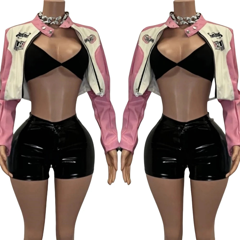 HLJ&GG Pink Letter Print Leather Jacket 3 Piece Sets Women Vest+Long Sleeve Crop Top+Shorts Outfits Fashion Cool Girl Streetwear