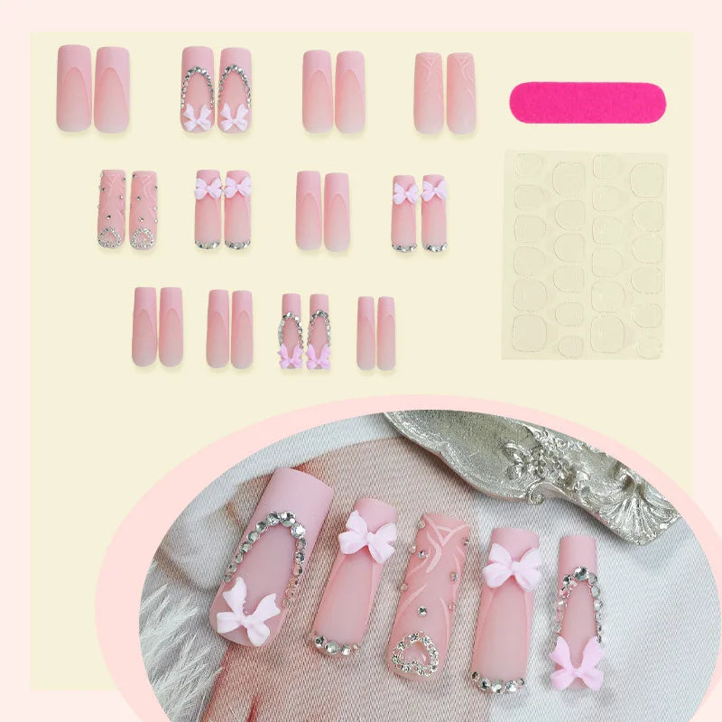 24pcs Long French Fake Nail with Pink Bow Design Sweet Ballet False Nail Tips for Lady Women Wearable European Press on Nails
