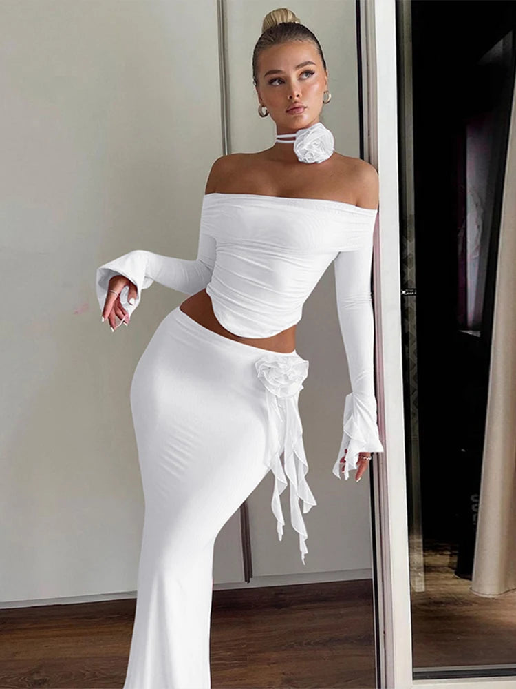 Dulzura Matching Suit Neck Accessories 3D Flower Off Shoulder Long Trumpet Sleeves Crop Top Tassel Maxi Skirt 2024 Autumn Women