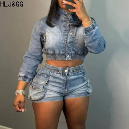 HLJ&GG Blue Fashion Denim Pocket Cargo Shorts Two Piece Sets Women Zipper Long Sleeve Crop Top And Shorts Outfits Cowboy Suits