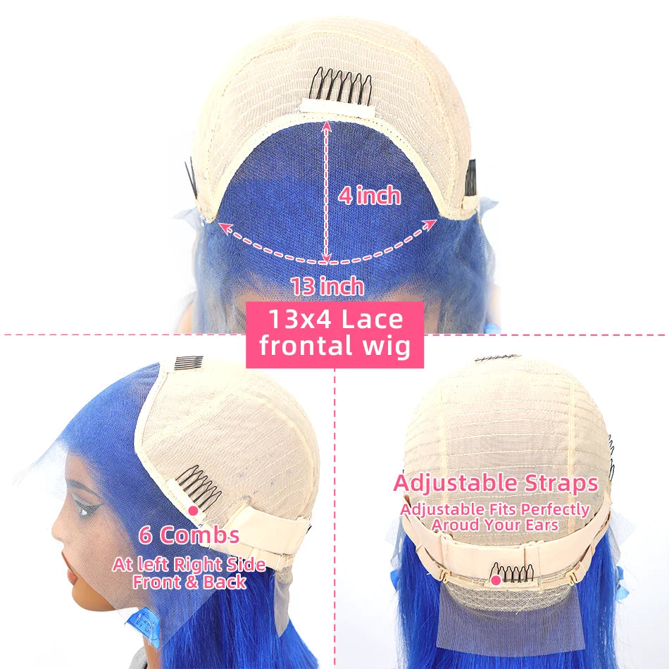200Density Blue Straight Lace Front Wigs Human Hair Short Bob Wigs 13x4 Transparent Lace Bob Wig Human Hair 100% For Women