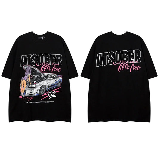 Gothic T-shirt Summer Oversized Racing Car Print Men Short Sleeved Unisex Casual Tee Streetwear O-neck Women Tops Clothing 2024