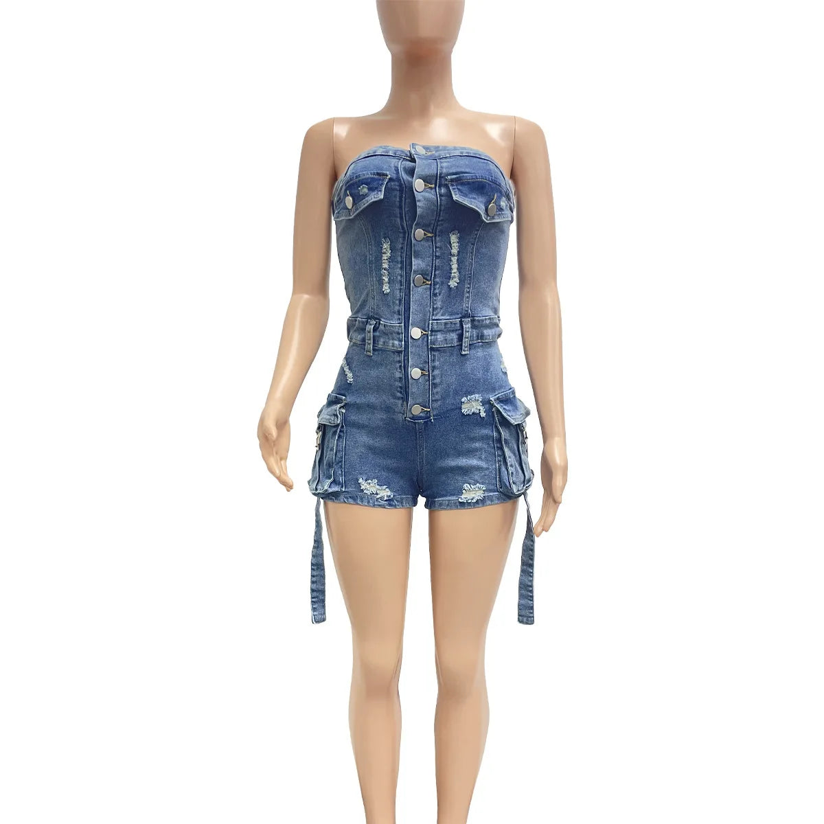 HLJ&GG Blue Sexy jeans Pocket Cargo Bodycon Rompers Women Off Shoulder Sleeveless Backless Slim Jumpsuit Fashion Cowboy Playsuit