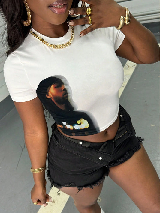 Women's Retro Figure Graphic Y2k Cropped T-Shirt Hip-Hop Elements Summer Daily Wear T-Shirt Y2k Ladies Clothes Female Clothing
