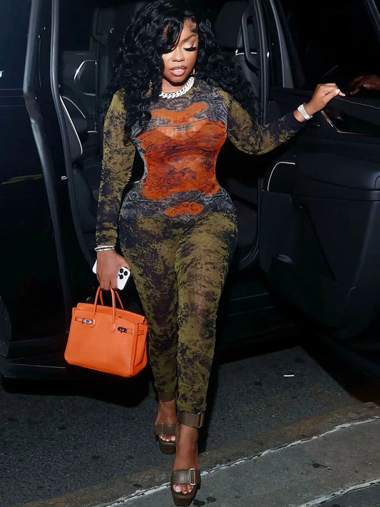 Sisterlinda Printing Slim O-Neck Long Sleeve Jumpsuit Women Sexy Popular Body-shaping Vestidos Girl Party Leisure Pencil Pants