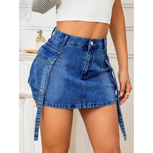 High Waisted jeans Mini Skirt with Pockets and Straps Women's Trendy Casual Y2K Korean Style Washed Skirt