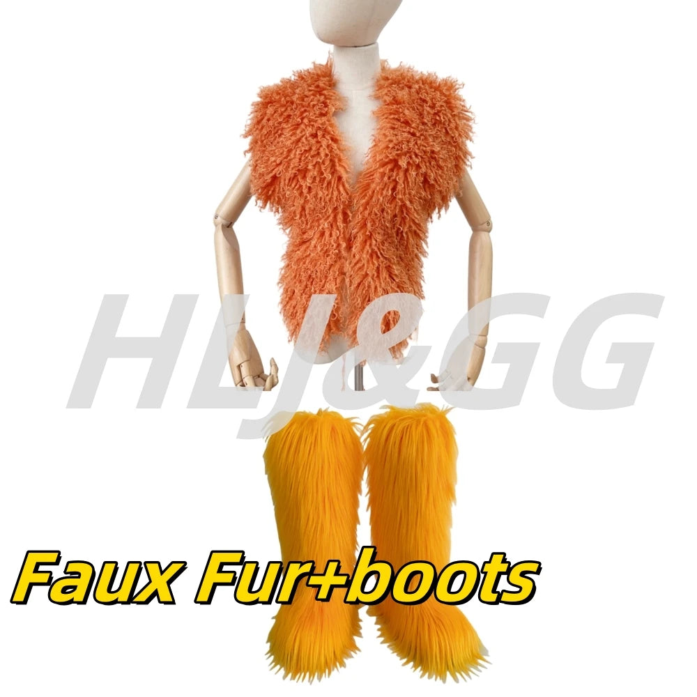 HLJ&GG Trend Y2K Two Piece Sets Women Fur Feather Halter Waistcoat Fashion Backless Lace Up Legs Cover Streetwear Clothing 2025