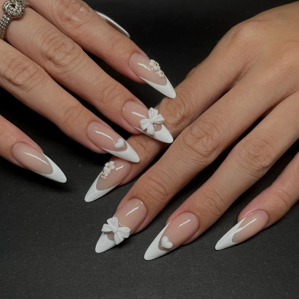 White French Press on Nails 3D Bowknot Fake Nails Tips Full Cover Wearable False Nails for Women and Girls DIY 24Pcs