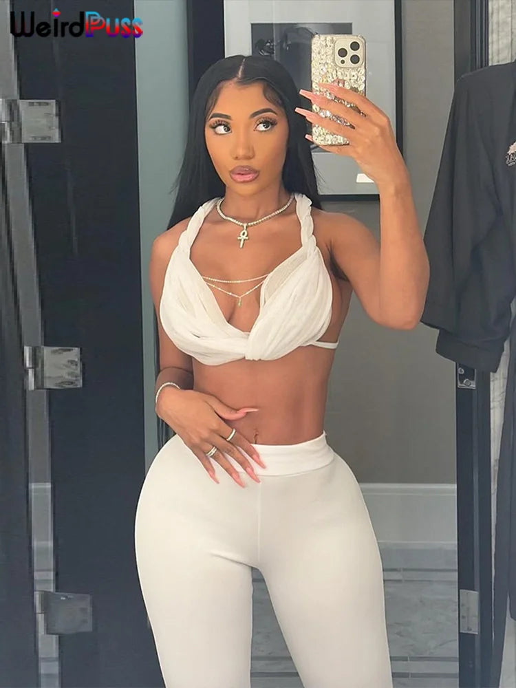 Weird Puss Sexy Women 2 Piece Set Summer Trend Mesh Thin Whip Halter Tank Tops+Wide Waist Shorts Matching Street Club Outfits