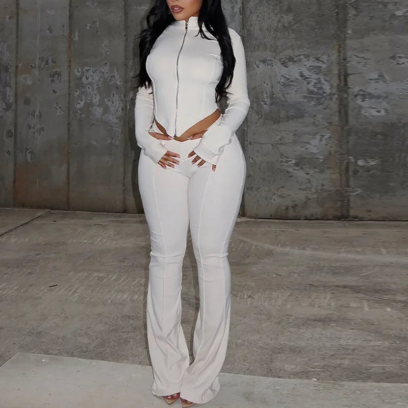 STYLISH LADY Solid Color Sporty 2 Piece Set Women Long Sleeve Crop Top and Flare Pant Suits 2025 Summer Casual Fitness Tracksuit
