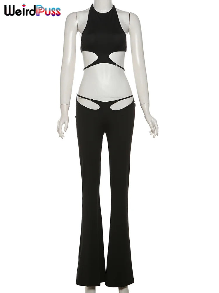 Weird Puss Hollow Straps 2 Piece Sets Woman Summer Sexy Solid Halter Backless Tops+Sequined Flared Pants Party Skinny Outfits