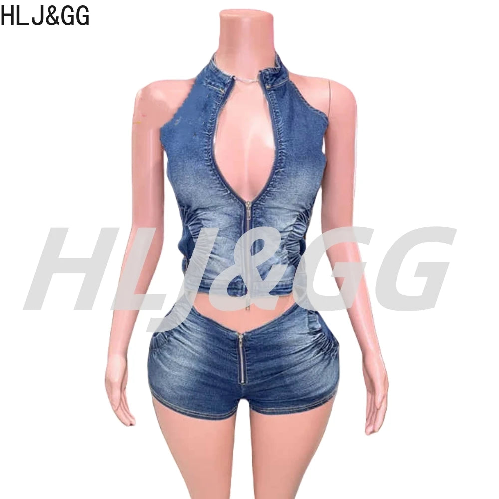 HLJ&GG Blue Fashion jeans Halter Two Piece Sets Women Sleeveless Backless Slim Crop Top And Skinny Jean Pants Outfits Streetwear