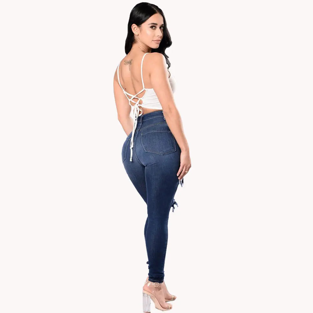 New Designer Women 2025 High Waist Ripped Jeans for Women Skinny Black White Jeans Woman Elastic Slim Jean Female Femme