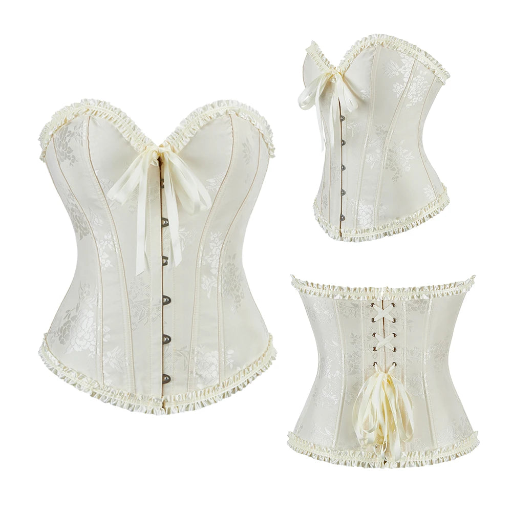 Women Floral Overbust Corset Waist Bustier Top Black White Red Blue Korset Shaper