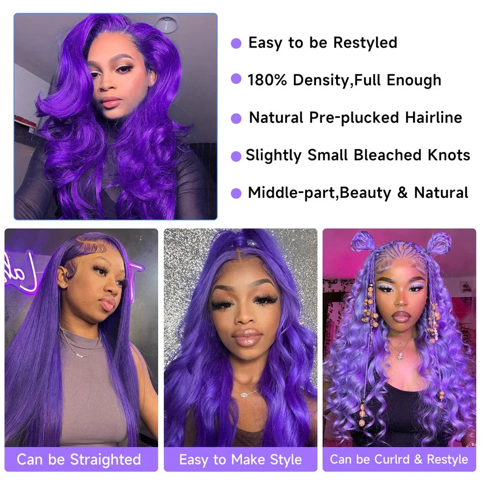 180% Purple Colored Lace Front Wig Transparent 13x4 Lace Front Human Hair Wigs Pre Plucked Body Wave Lace Frontal Wig For Woman