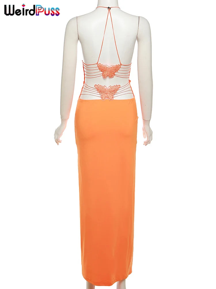 Weird Puss Chic Butterfly Women Maxi Dress Print Backless Spaghetti Straps V Neck Halter Bodycon Hot Girls Club Party Vestidos