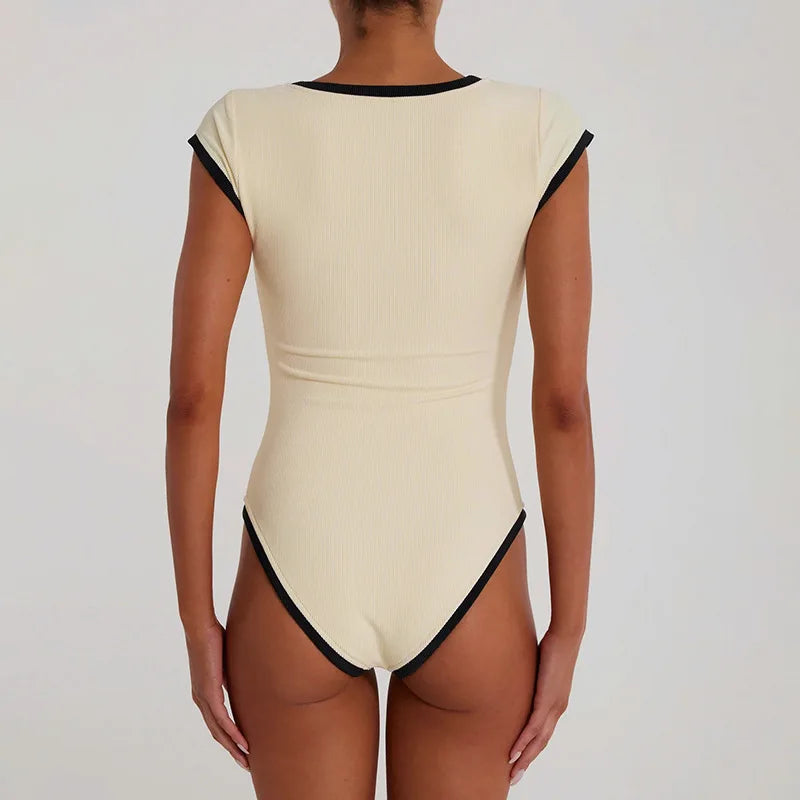 STYLISH LADY Ribbed Button Bodysuits 2025 Summer Women Short Sleeve O Neck Black Nude Sexy Club Street Bodycon Rompers