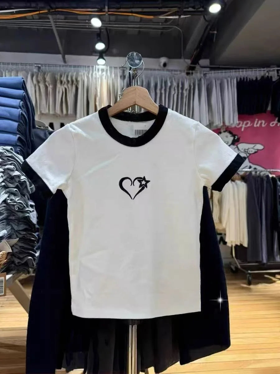 Sweet Star Appliques Slim Crop Top ladies Round Neck Short Sleeve Cotton Cropped T Shirt Summer Cute All-match T-shirts Y2K Tops