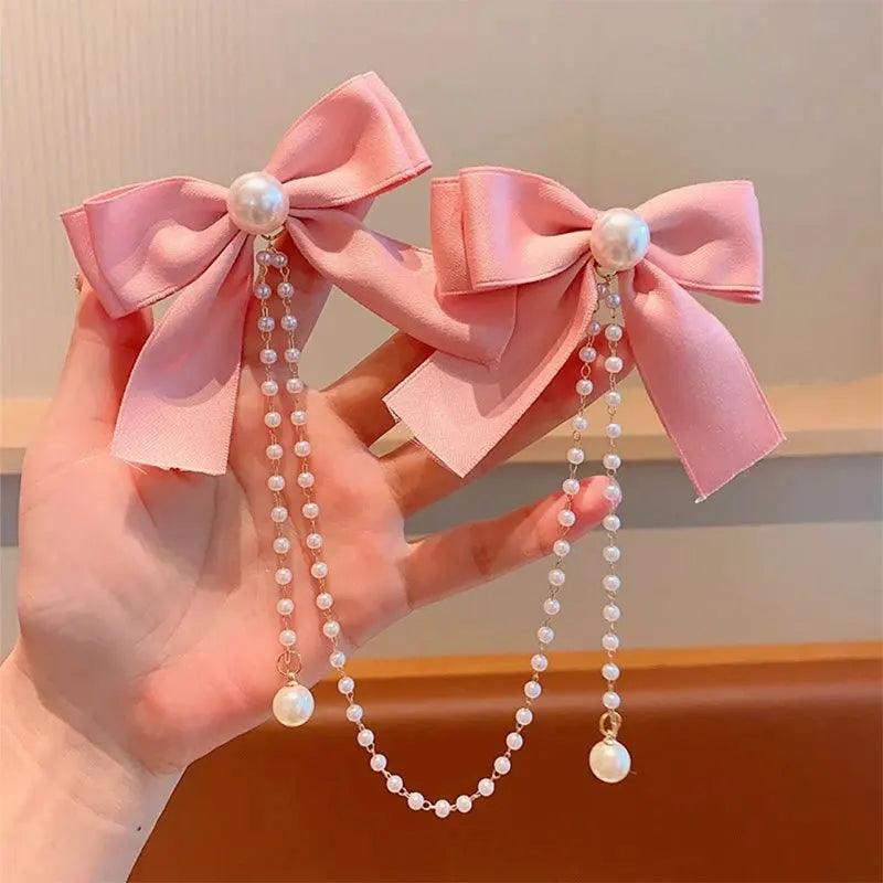 Sweet Princess Style Pink Pearls Chain Bow Hair Clip Women Children's Cute Back Head Hairpins Hair Clips Girls Hair Accessories