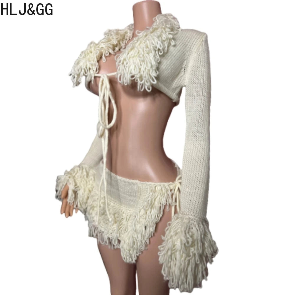 HLJ&GG Apricot Sexy Knitting Tassels Bandage Two Piece Sets Women Long Sleeve Hollow Crop Top And Side Slit Mini Skirts Outfits