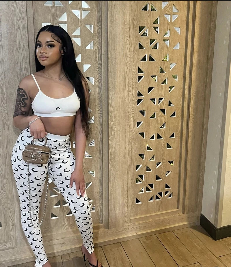 STYLISH LADY Moon Printed Sports 2 Piece Set Women Spaghetti Strap Crop Top and Skinny Pant Suits 2025 Summer Fitness Outfits